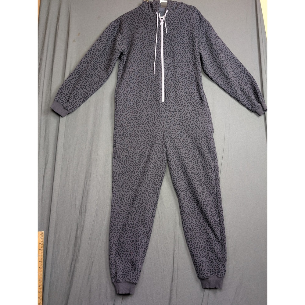 Fabletics Gray Leopard Print Fleece Hooded Jumpsuit‎ Size Medium